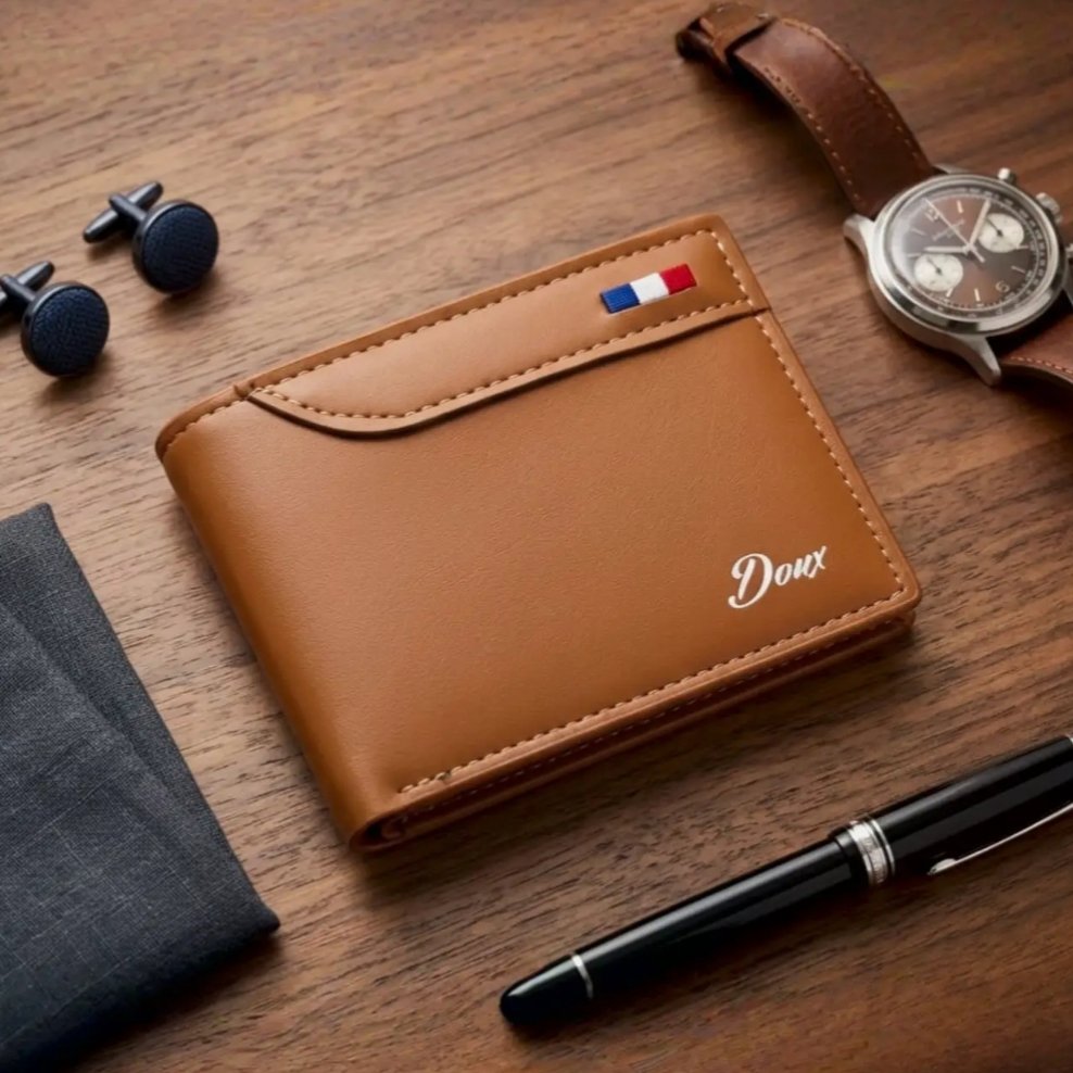DOUX Men's Premium Tan Leather Bifold Wallet